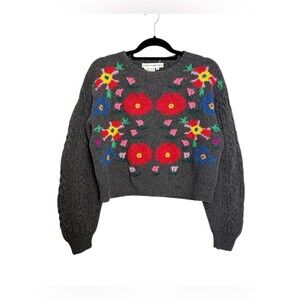 Cathy Hardwick Lambswool Cable Knit Floral Sweater Cottagecore M